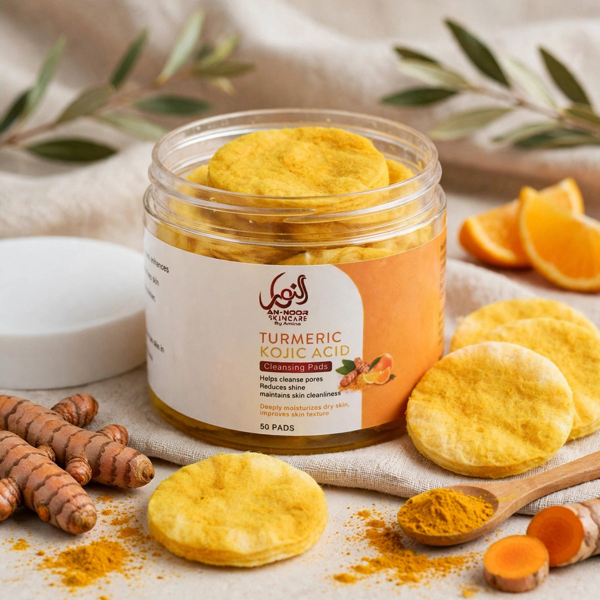 Turmeric Kojic Acid Cleansing Pads - open jar with golden turmeric cotton pads