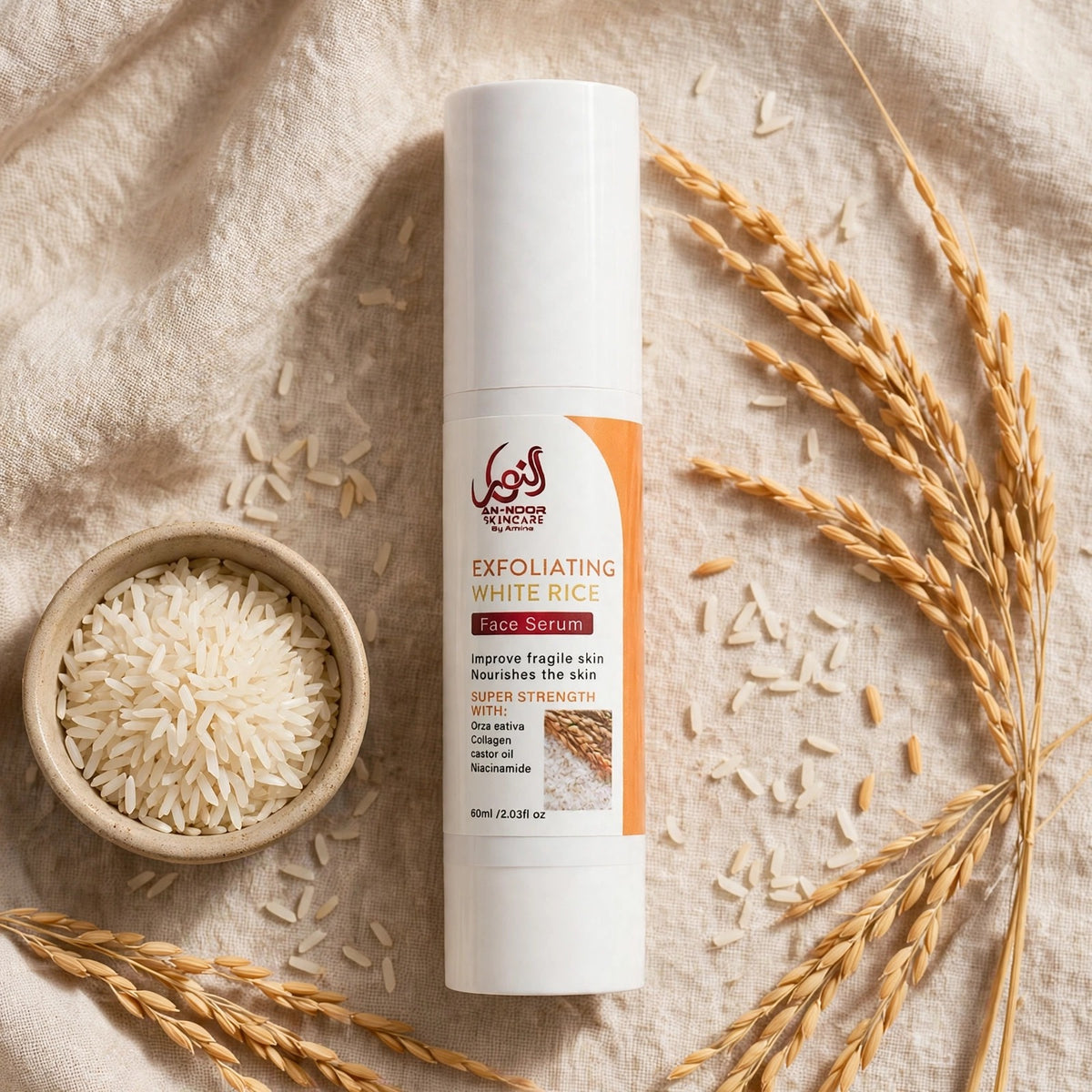 Exfoliating White Rice Face Serum 60ml with rice bowl and rice stalks